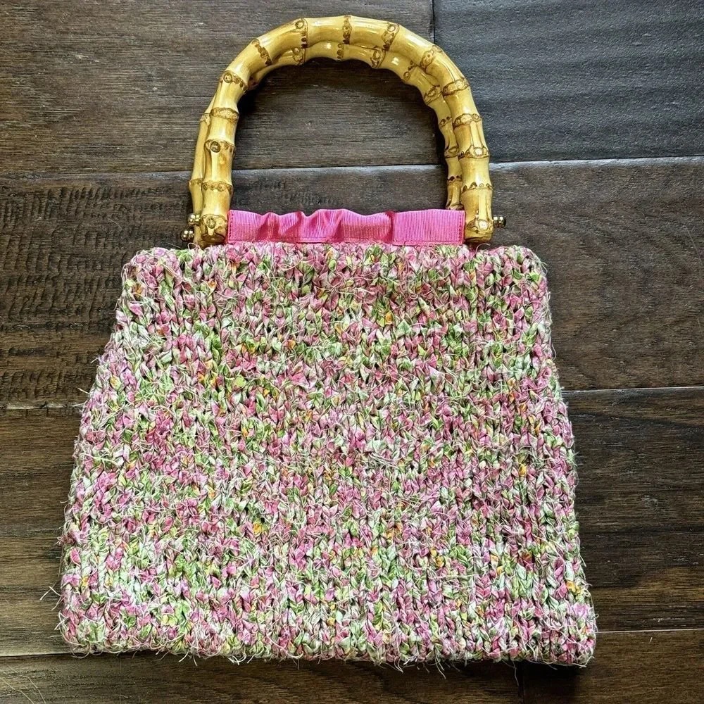 Retro‎ 60s Handbag Pink Green Crochet Woven Lined Purse Wood Handle Boho Mod
